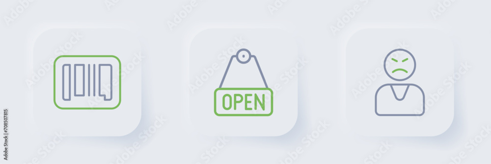 Set line Angry customer, Hanging sign with text Open and Barcode icon. Vector Set line Angry customer, Hanging sign with text Open and Barcode icon. Vector
