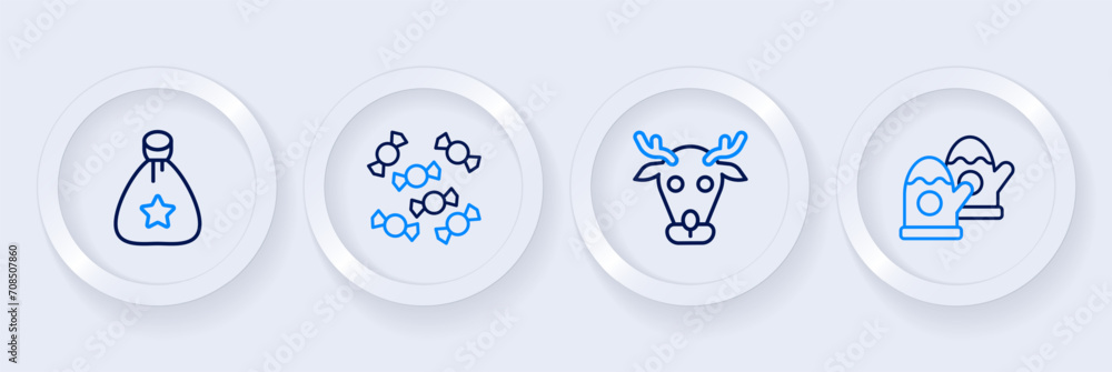 Set line Christmas mittens, Reindeer, Candy and Santa Claus bag gift icon. Vector Set line Christmas mittens, Reindeer, Candy and Santa Claus bag gift icon. Vector