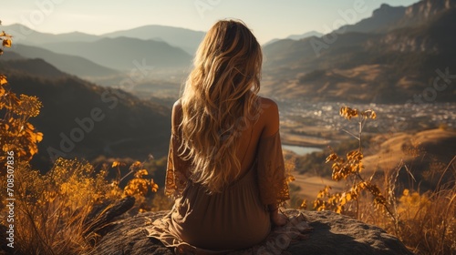 Young woman with long blond hair sitting on a rock and looking at the sunset