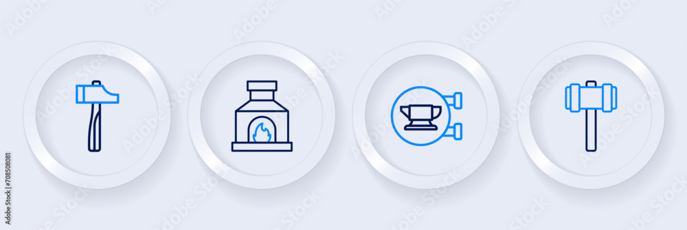 Set line Sledgehammer, Blacksmith anvil tool, oven and Hammer icon. Vector Set line Sledgehammer, Blacksmith anvil tool, oven and Hammer icon. Vector