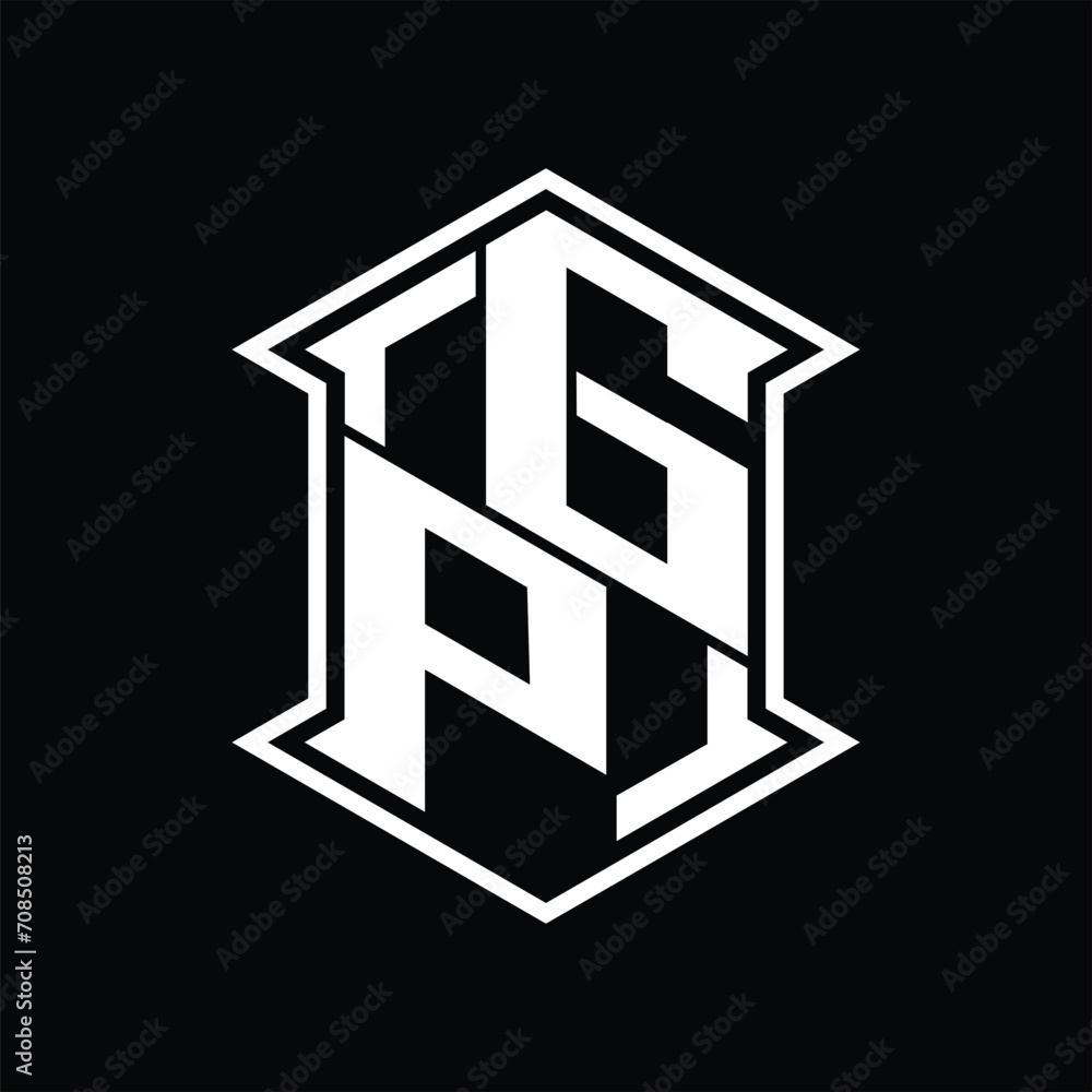 GP Logo monogram hexagon shield shape up and down with sharp corner isolated style design