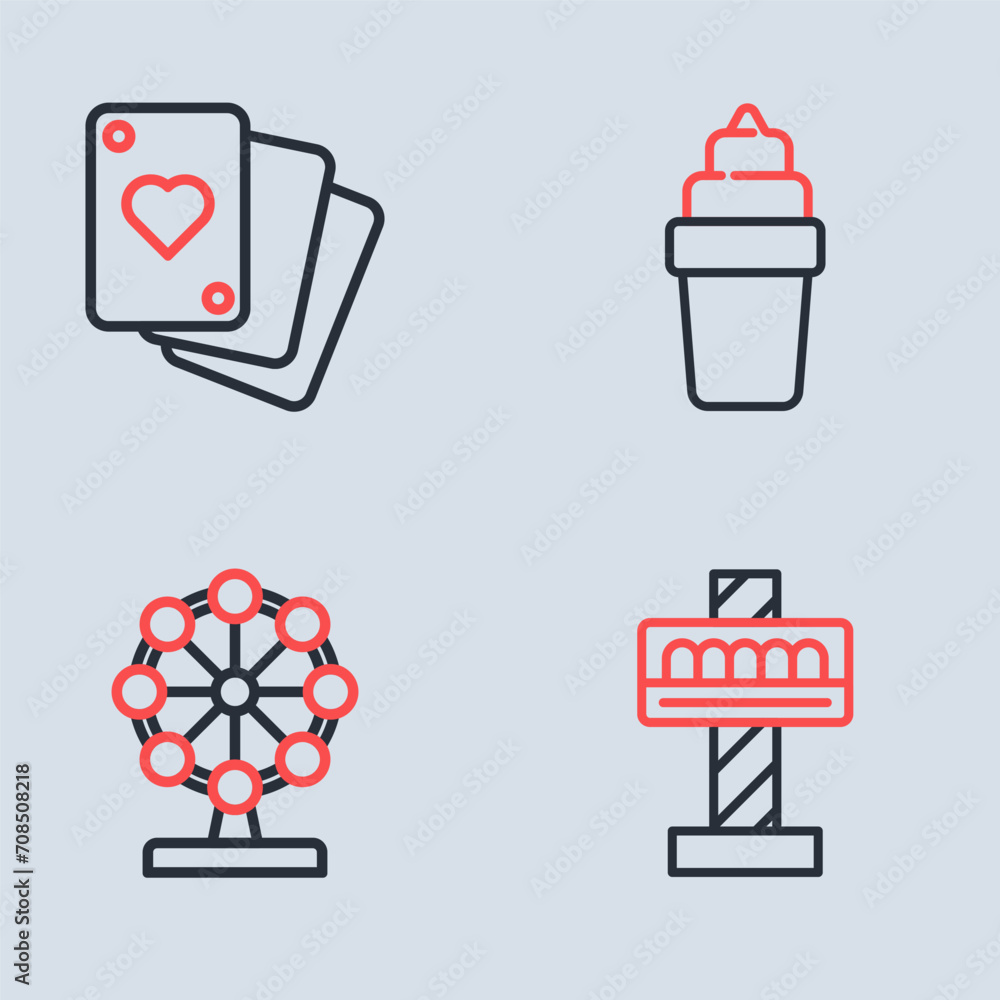 Set line Ice cream in waffle, Ferris wheel, Attraction carousel and Playing cards icon. Vector Set line Ice cream in waffle, Ferris wheel, Attraction carousel and Playing cards icon. Vector