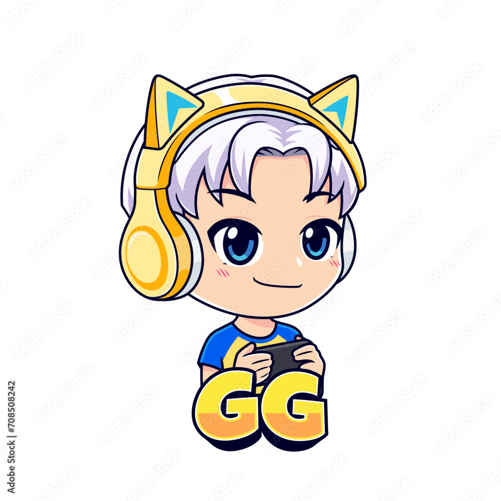Gamer boy cartoon character mascot logo vector
