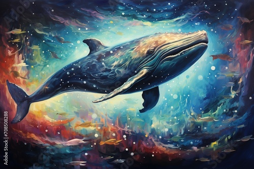 abstract illustration of a whale floating on a psychedelic, brush stroked bright blue, orange and purple background