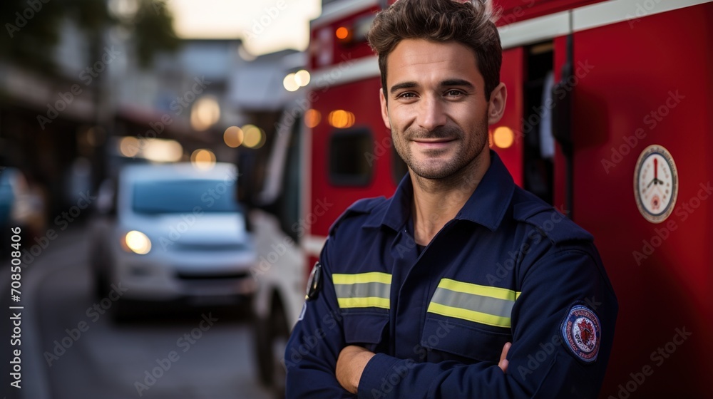 Portrait of a smiling male paramedic in uniform standing in front of an ambulance Portrait of a smiling male paramedic in uniform standing in front of an ambulance