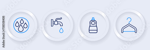 Set line Hanger wardrobe, Dishwashing liquid bottle, Water tap and drop icon. Vector