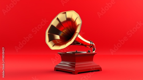 Vintage Retro Gramophone Close Up on Vibrant Red Background with Copy Space for Text. Banner