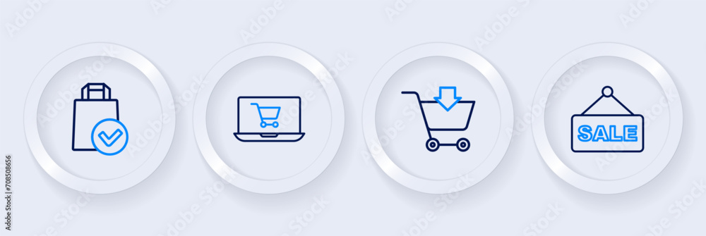 Set line Hanging sign with text Sale, Add to Shopping cart, on screen laptop and Paper shopping bag icon. Vector