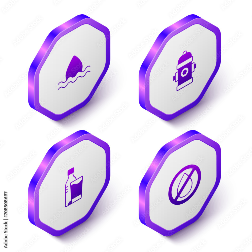 Set Isometric Water drop, Fire hydrant, Bottle of water with glass and forbidden icon. Purple hexagon button. Vector Set Isometric Water drop, Fire hydrant, Bottle of water with glass and forbidden icon. Purple hexagon button. Vector