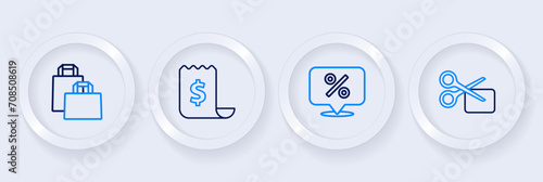 Set line Scissors cuts discount coupon, Discount percent tag, Paper check and financial check and shopping bag icon. Vector