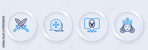 Set line Princess or queen, Medieval helmet, Crusade and Crossed medieval sword icon. Vector