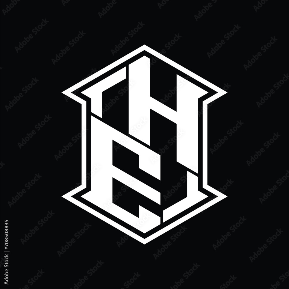 HE Logo monogram hexagon shield shape up and down with sharp corner isolated style design HE Logo monogram hexagon shield shape up and down with sharp corner isolated style design
