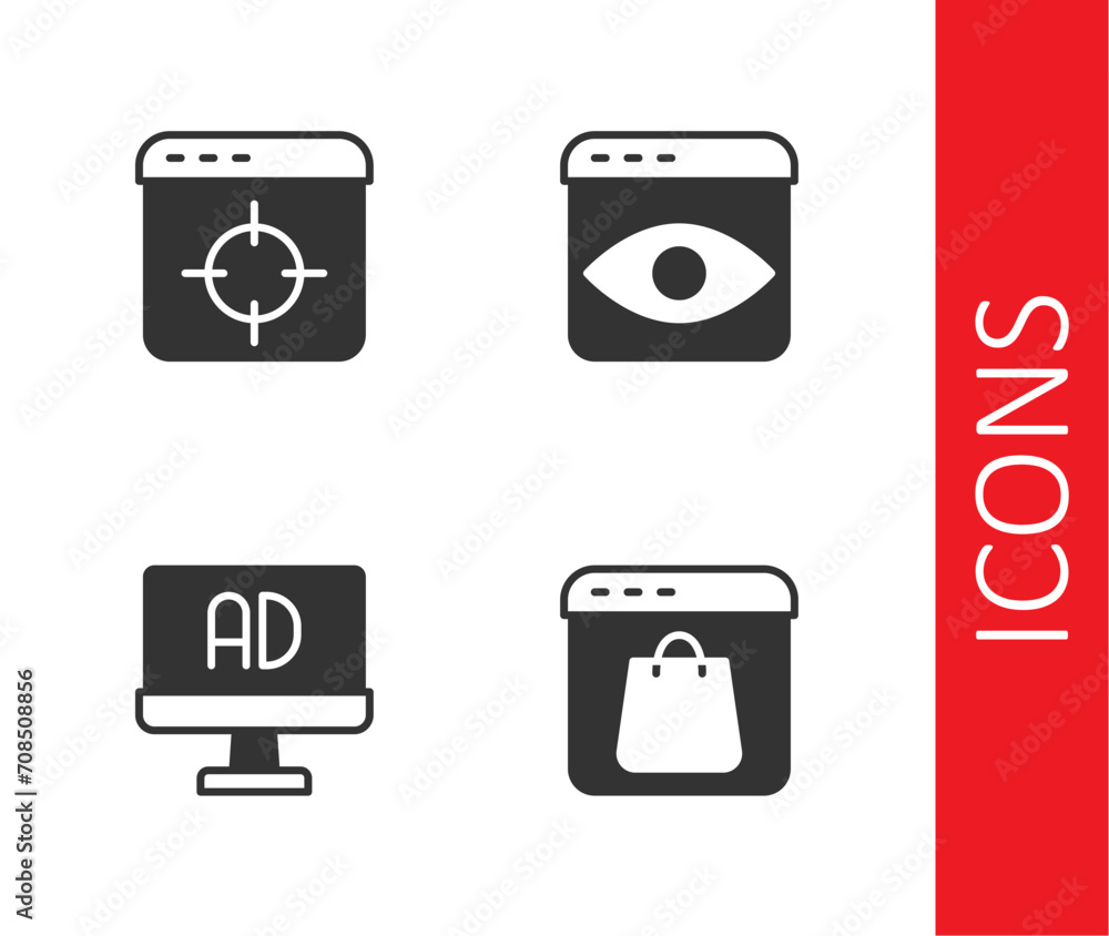 Set Online shopping on screen, Target financial goal, Advertising and Personal information collection icon. Vector Set Online shopping on screen, Target financial goal, Advertising and Personal information collection icon. Vector
