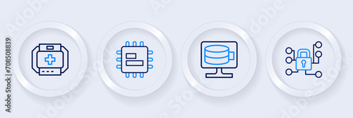 Set line Cyber security, Cloud database, Processor CPU and First aid kit icon. Vector © Iryna