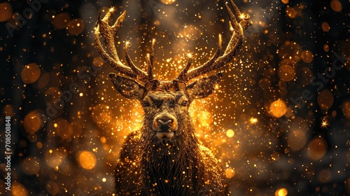 gold deer with sparks floating on a black background photo
