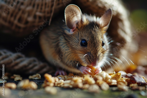 A little mouse eats yellow grains while sitting in a torn burlap bag photo