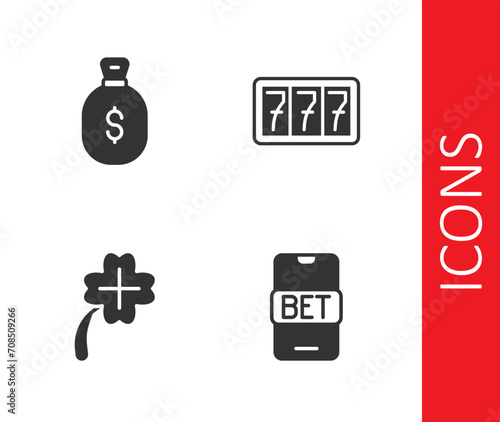 Set Online sports betting, Money bag, Casino slot machine with clover and Slot jackpot icon. Vector