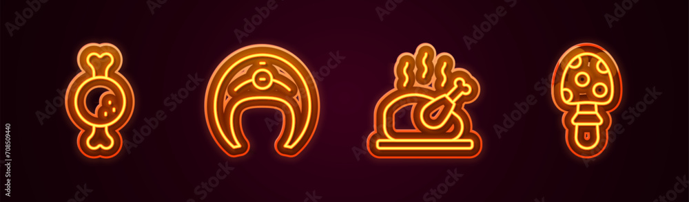 Set line Chicken leg, Fish steak, Roasted turkey or chicken and Fly agaric mushroom. Glowing neon icon. Vector Set line Chicken leg, Fish steak, Roasted turkey or chicken and Fly agaric mushroom. Glowing neon icon. Vector