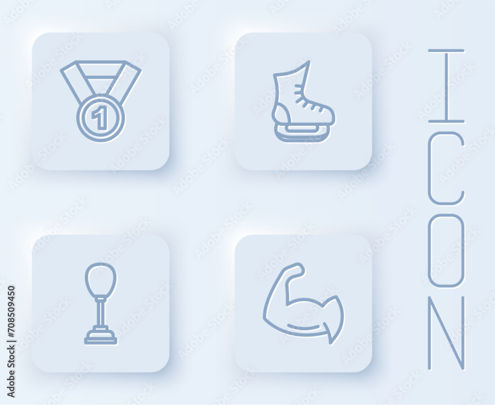 Set line Medal, Skates, Punching bag and Bodybuilder showing his muscles. White square button. Vector Set line Medal, Skates, Punching bag and Bodybuilder showing his muscles. White square button. Vector