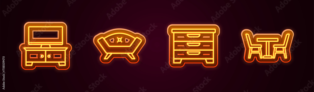 Set line TV table stand, Sofa, Chest drawers and Table with chair. Glowing neon icon. Vector Set line TV table stand, Sofa, Chest drawers and Table with chair. Glowing neon icon. Vector