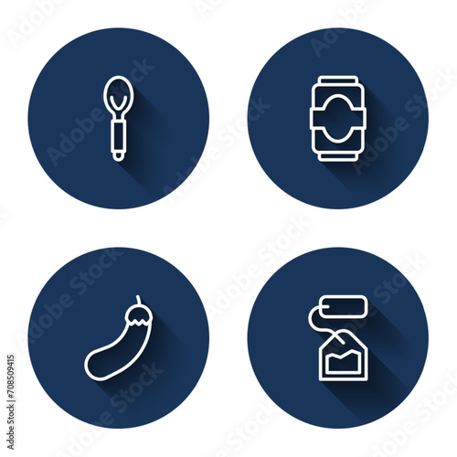 Set line Spoon, Soda can, Eggplant and Tea bag with long shadow. Blue circle button. Vector