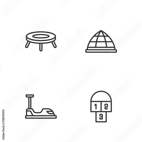 Set line Hopscotch, Bumper car, Jumping trampoline and Playground climbing equipment icon. Vector