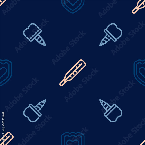 Set line Immune system, Dental implant and Medical thermometer on seamless pattern. Vector