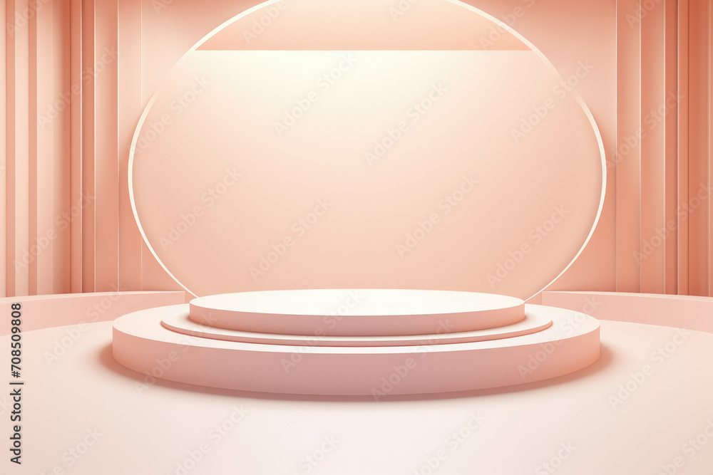 Peach color podium with bright lights, stand to show cosmetic products background. Minimal abstract stage with platform in studio. Concept of display, pedestal, beauty and mockup. Peach color podium with bright lights, stand to show cosmetic products background. Minimal abstract stage with platform in studio. Concept of display, pedestal, beauty and mockup.