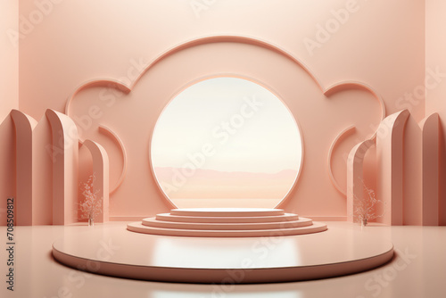 Peach color podium with round window in background, stand to show cosmetic products. Minimal abstract stage with platform in studio. Concept of display, scene, pedestal, beauty photo