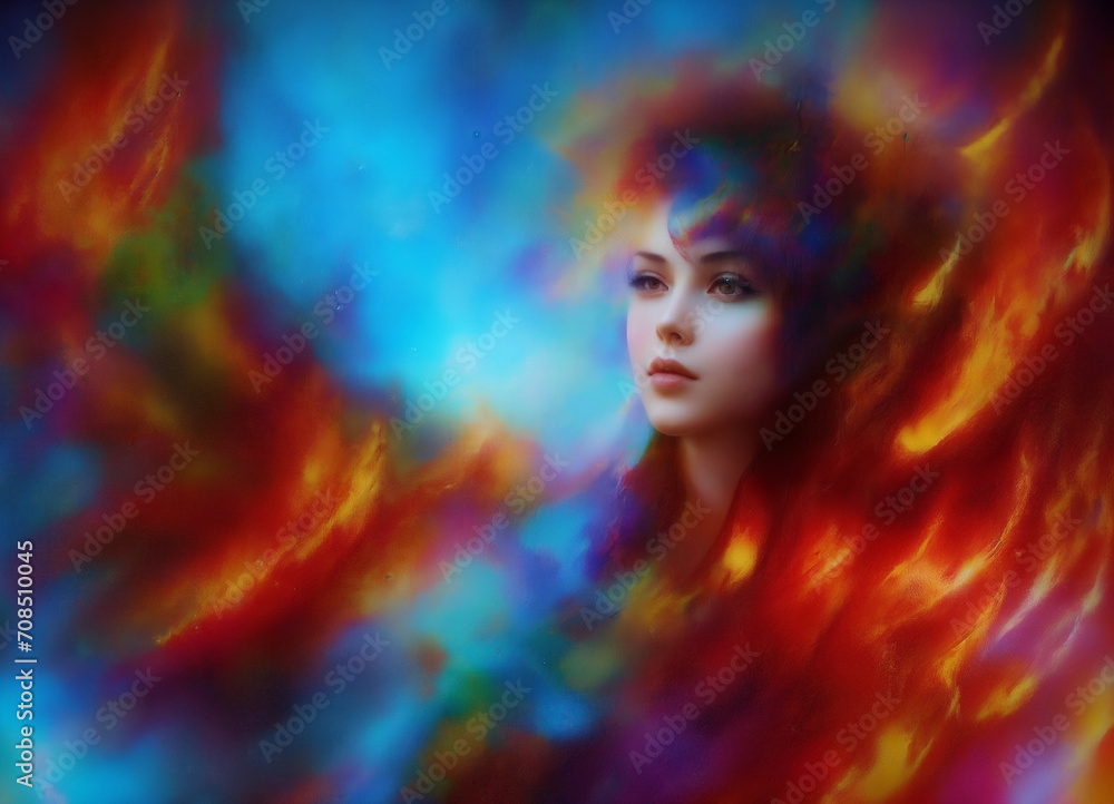 colorful painting on the beautiful portrait of a young woman