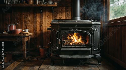 Rustic wood burning stove is lit in a small hut with a wooden floor and walls. There are pots and pans visible in the background.