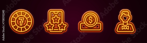 Set line Casino chips, Online sports betting, Coin money with dollar and dealer. Glowing neon icon. Vector