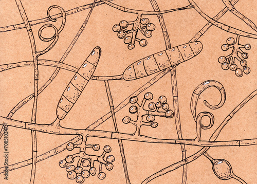 Hand-drawn illustration of Trichophyton mentagrophytes fungi on aged paper, reminiscent of medieval medical drawings, merging artistry with mycological depiction. photo