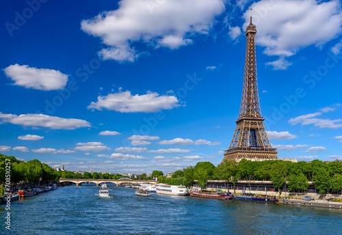 Paris Eiffel Tower and river Seine in Paris  France. Eiffel Tower is one of the most iconic landmarks of Paris. Cityscape of Paris