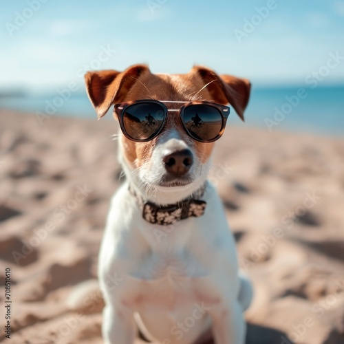 A cute dog with sunglasses on the sand beach. Ai generative © Planum