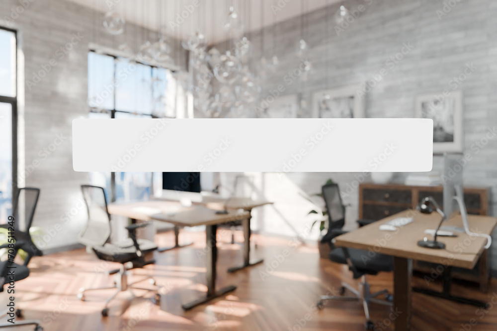 transparent text box in front of modern minimalistic pc workspace in luxurious loft office and panoramic view; remote work home office concept; bright daylight; 3D rendering transparent text box in front of modern minimalistic pc workspace in luxurious loft office and panoramic view; remote work home office concept; bright daylight; 3D rendering