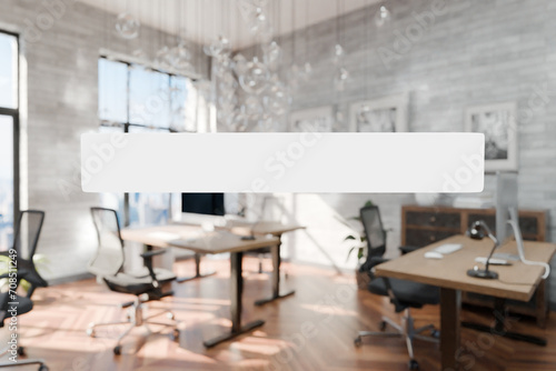 transparent text box in front of modern minimalistic pc workspace in luxurious loft office and panoramic view  remote work home office concept  bright daylight  3D rendering © Imillian