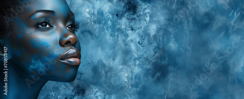Beautiful African woman looking aside, painted with paints face view on bright blue grunge textured wall studio background. Beauty, fashion, cosmetics concept