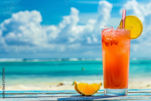 A colorful tropical drink garnished with an orange slice sits on a wooden ledge in front of a blue ocean.