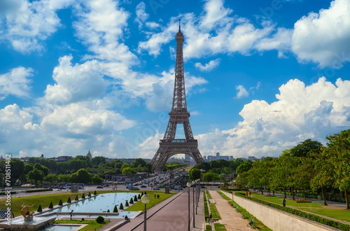 View of Eiffel Tower from Jardins du Trocadero in Paris, France. Eiffel Tower is one of the most iconic landmarks of Paris. Cityscape of Paris