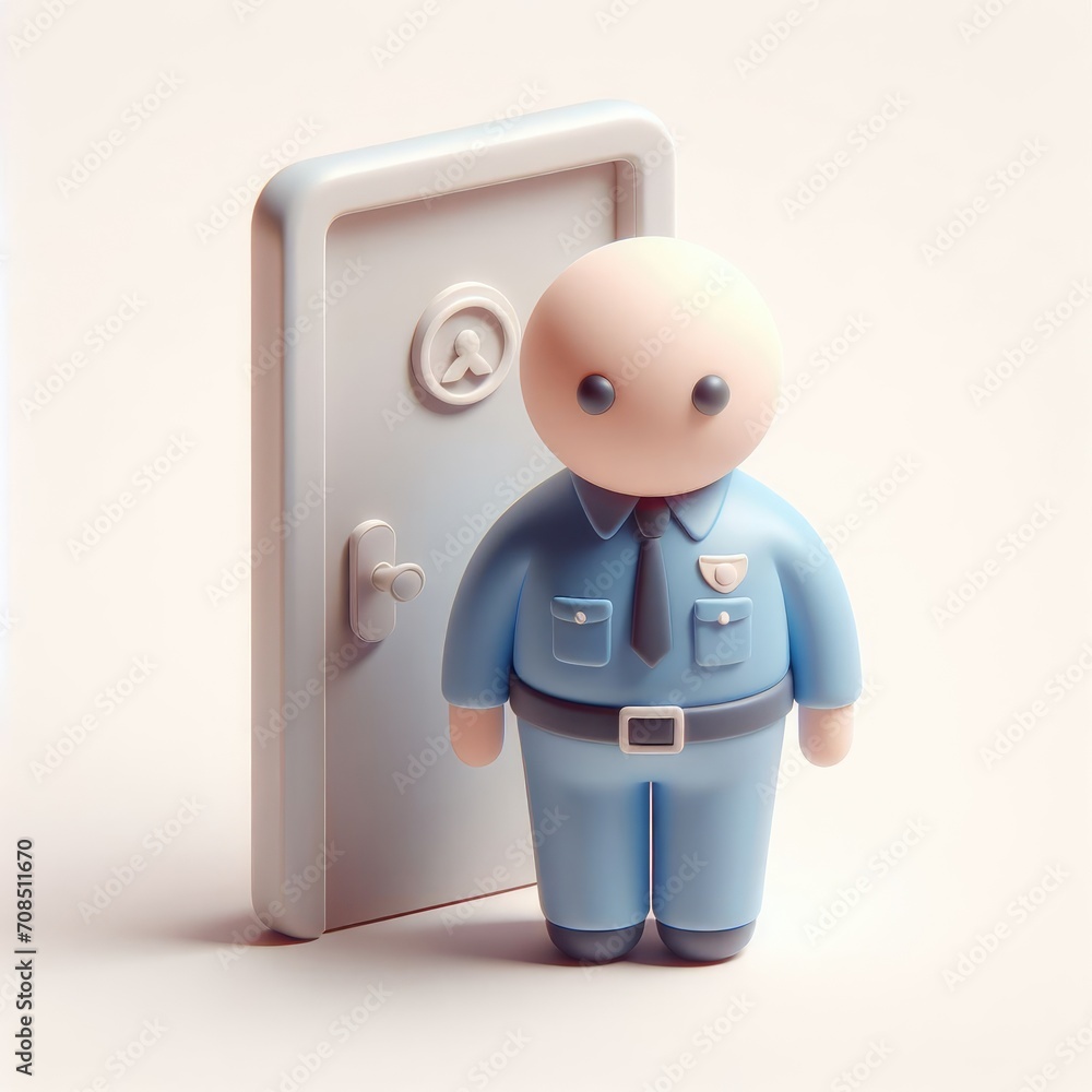 Doorway Guardian: 3D Clay Illustration of a Security Guard by the Door.