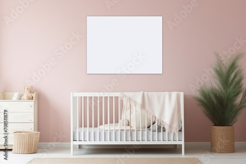 Aesthetic composition of child room interior with mock up poster frame, soft pink wall. Toy and personal accessories, plant. Home decor