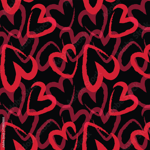 Seamless romantic pattern with hand drawn red hearts. Colorful doodle hearts on red background. Ready template for design, postcards, print, poster, party, Valentine's day, vintage textile. Vector.