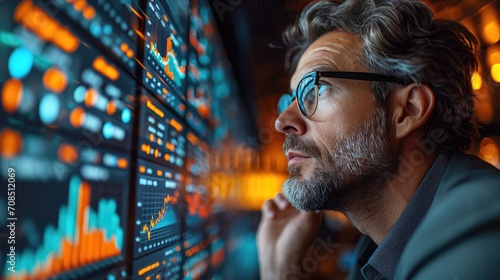 Pensive Man Beside Data Analysis Screens © hakule