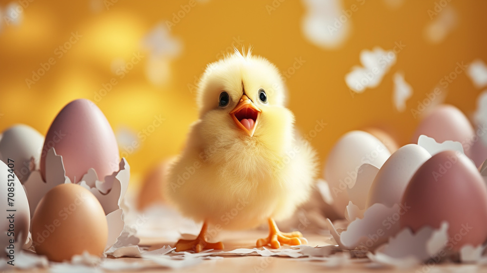 small yellow chicken in a shell, easter concept