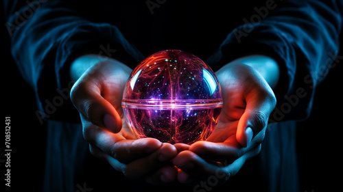 glowing round object Crystal in hand. Mysterious, creative, abstract