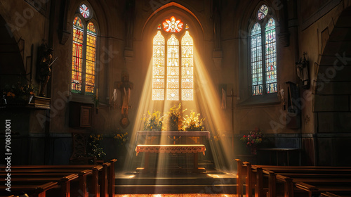 Sunlit Church Interior with Stained Glass Windows and Altar - A Place of Worship and Reflection