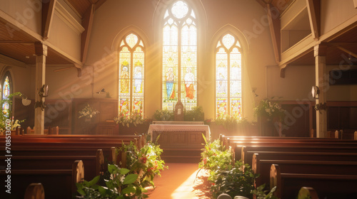 Sunlit Stained Glass Church Interior with Floral Decorations