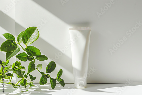 White mockup tube of face cream or lotion with fresh green leaves top view on white  background
