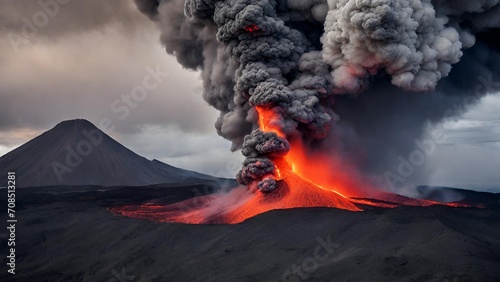 A volcanic eruption spewing ash and lava